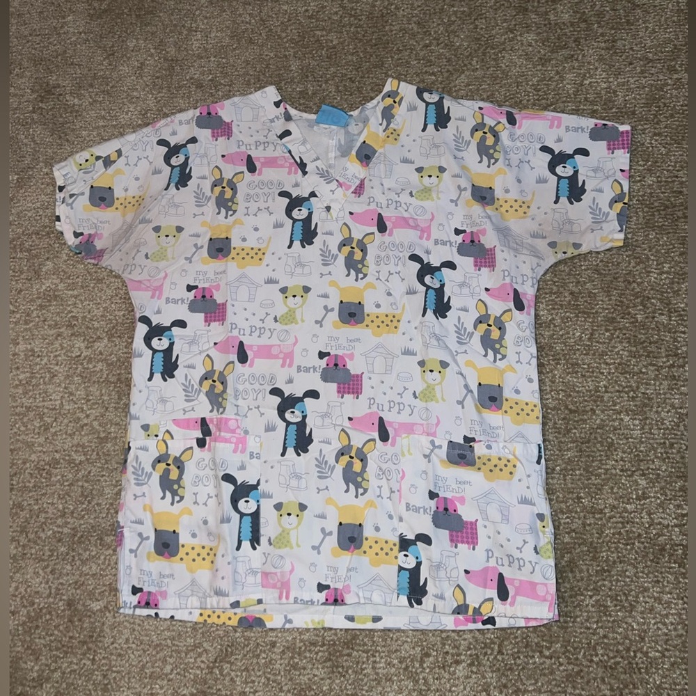 HQ Scrubs Unisex Colorful Dog Print Scrub Top size Small